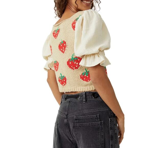 FREE PEOPLE | NWT Women's Strawberry Jam Mixed-Media Crop Top Tan Red Sz XL - Picture 2 of 7